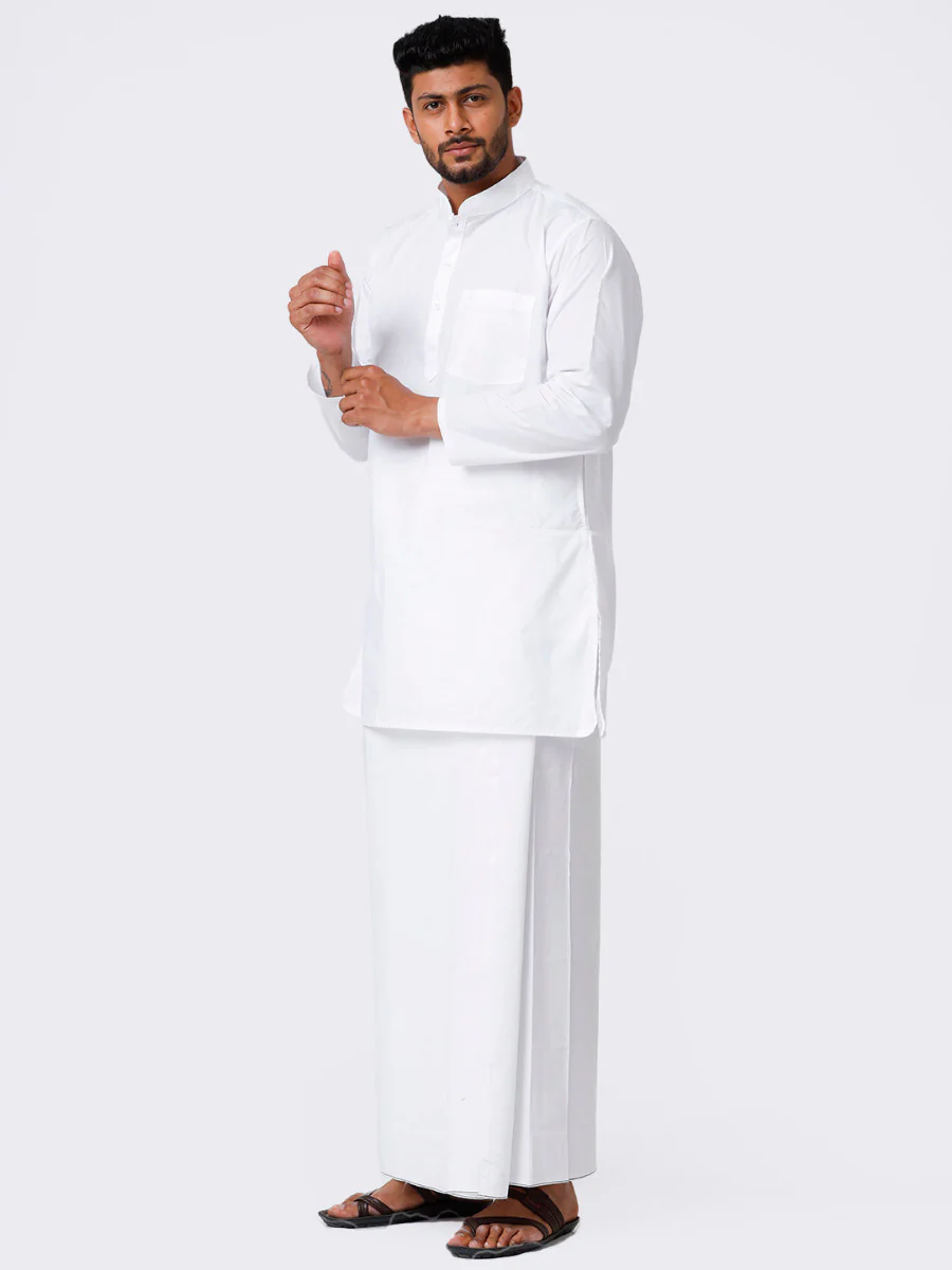 Mens White Full Sleeves Medium Length Kurta with Stitched Prayer Dhoti Combo - Image 3