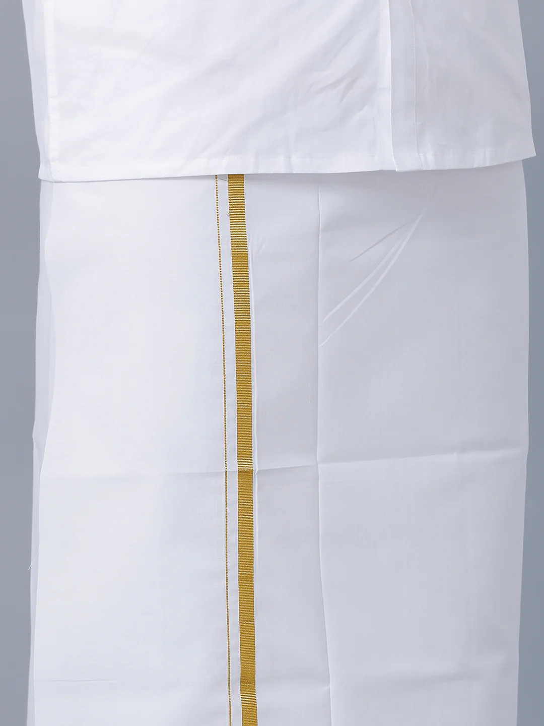 Mens White Shirt with 1/2'' Gold Jari Border Double Dhoti Combo - Image 2