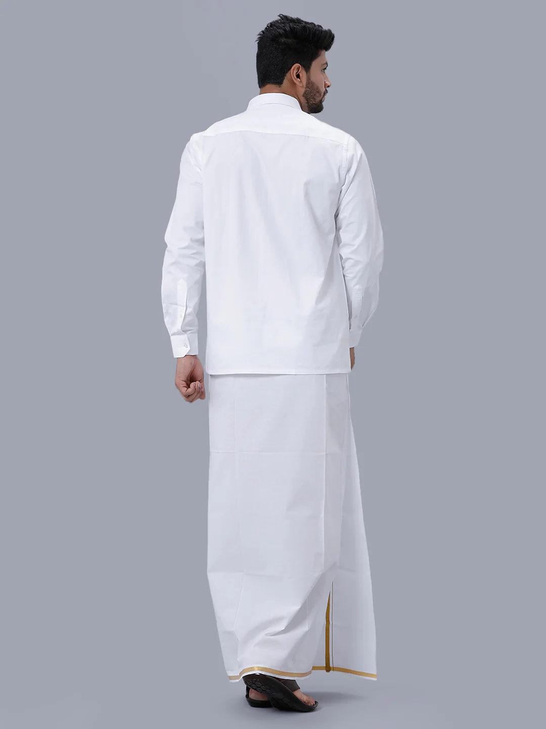 Mens White Shirt with 1/2'' Gold Jari Border Double Dhoti Combo - Image 3