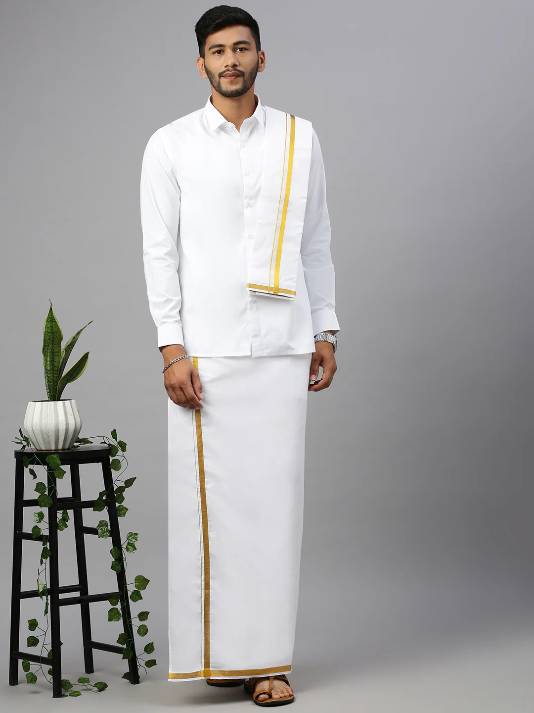 Mens White Shirt with 1/2''Gold Jari Border Double Dhoti+Towel Combo - Image 2