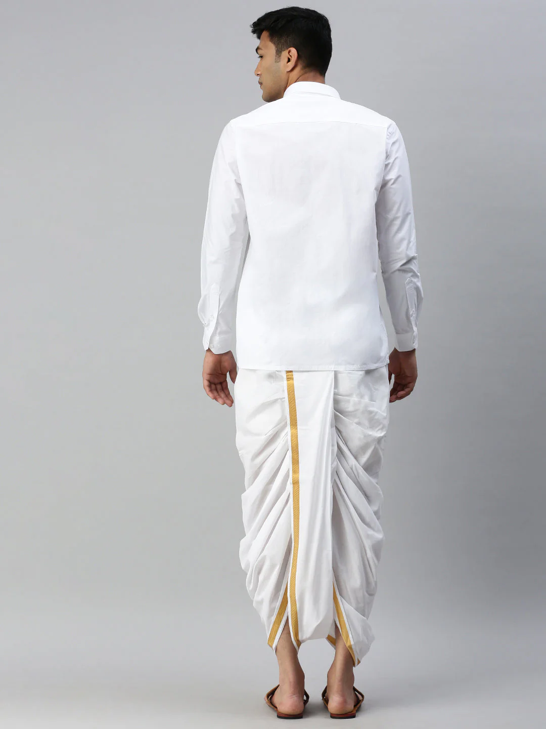 Mens White Shirt with Readymade Elastic Panchakacham Angavastram Set 3/4" Aashan - Image 2