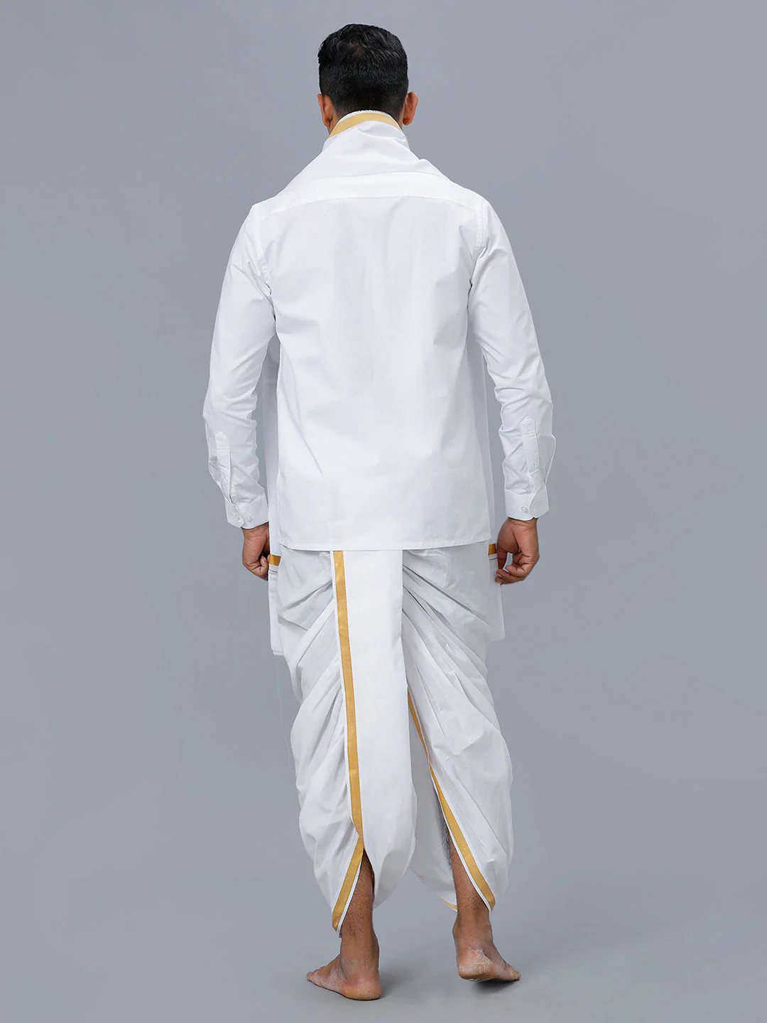 Mens White Shirt with Readymade Elastic Panchakacham  Angavastram Set 3/4" Prakaspathi - Image 2