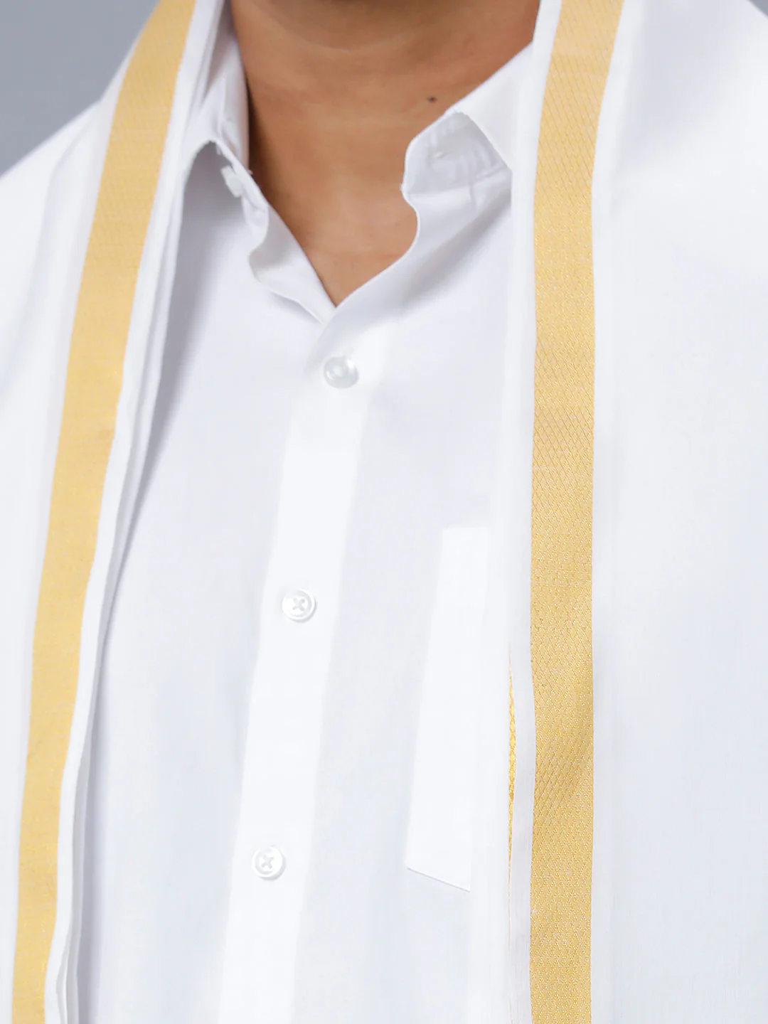 Mens White Shirt with Readymade Elastic Panchakacham  Angavastram Set 3/4" Prakaspathi - Image 4