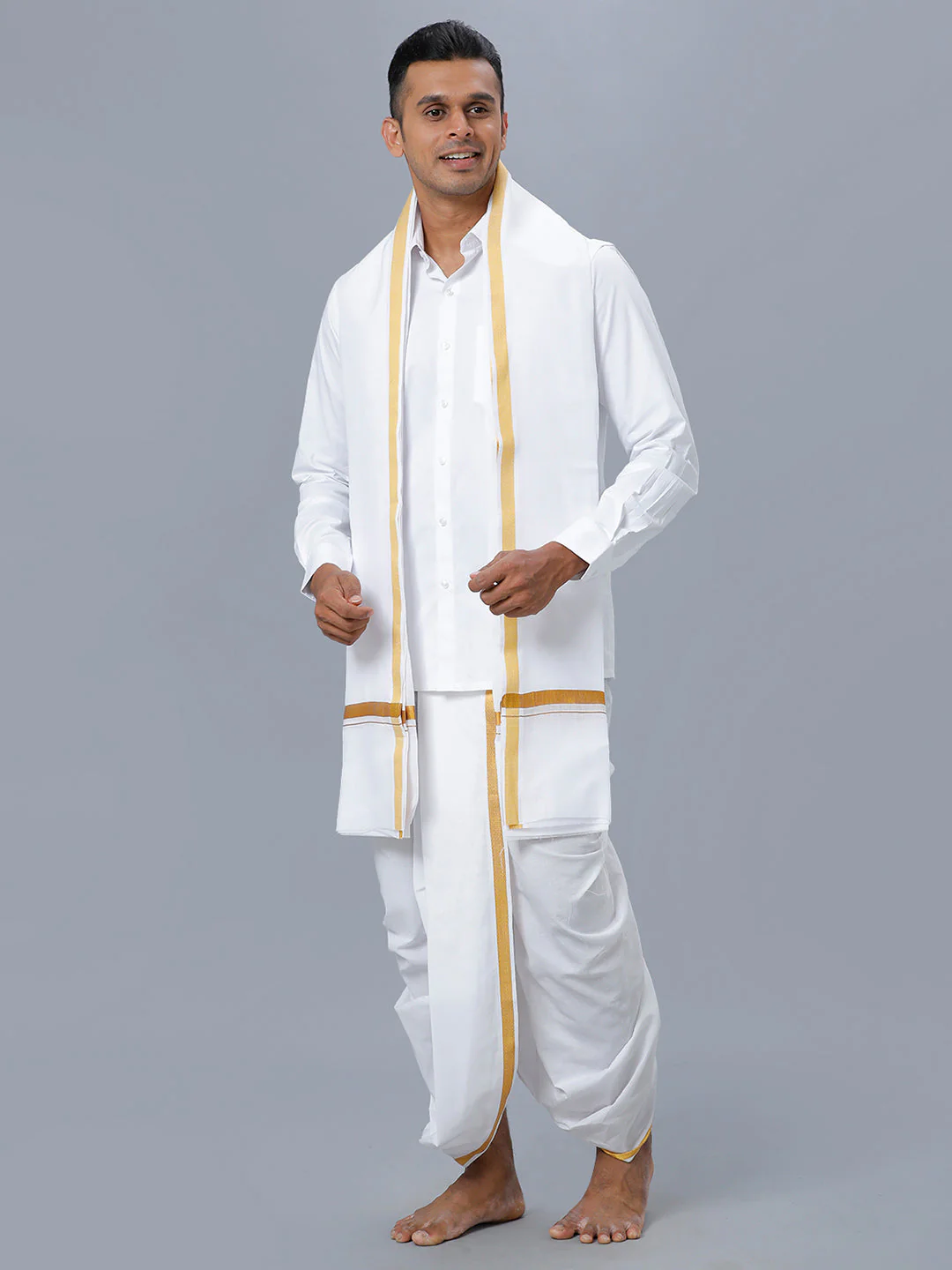 Mens White Shirt with Readymade Elastic Panchakacham Angavastram Set 3/4" Prakaspathi