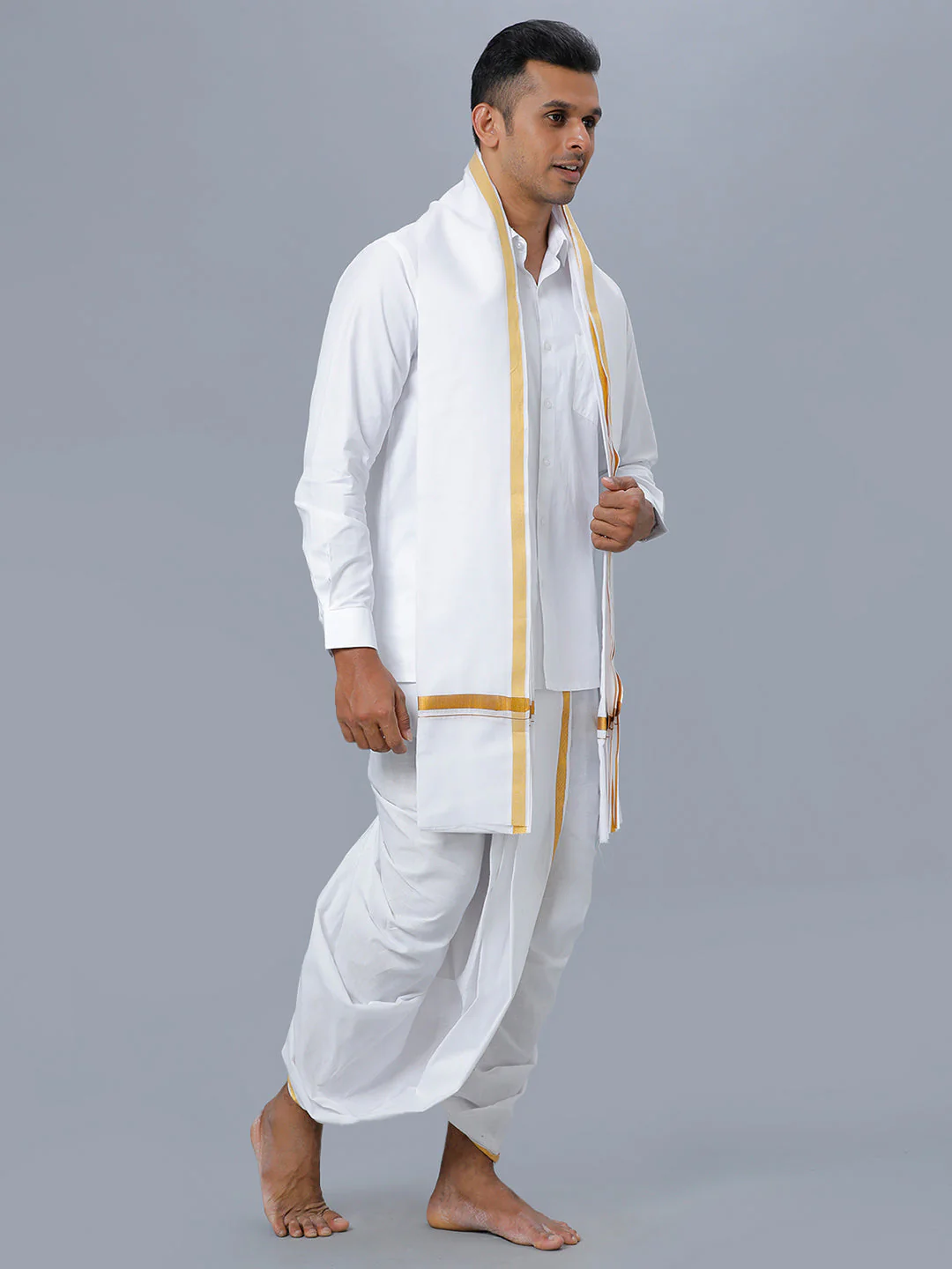 Mens White Shirt with Readymade Elastic Panchakacham Angavastram Set 3/4" Prakaspathi - Image 2