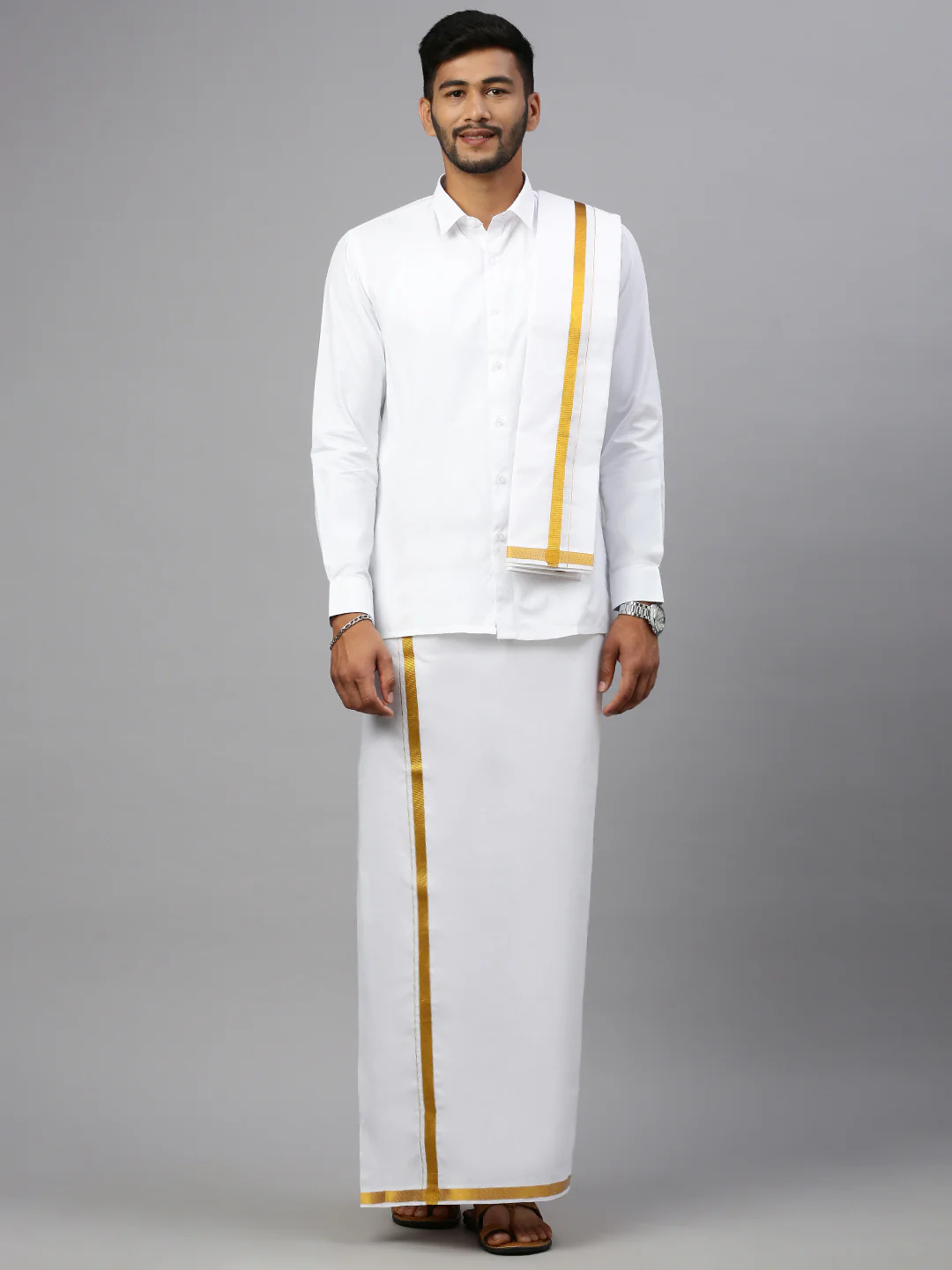 Men Wrinkle Free White Shirt with Gold Jari Border Dhoti & Towel Combo - Image 2