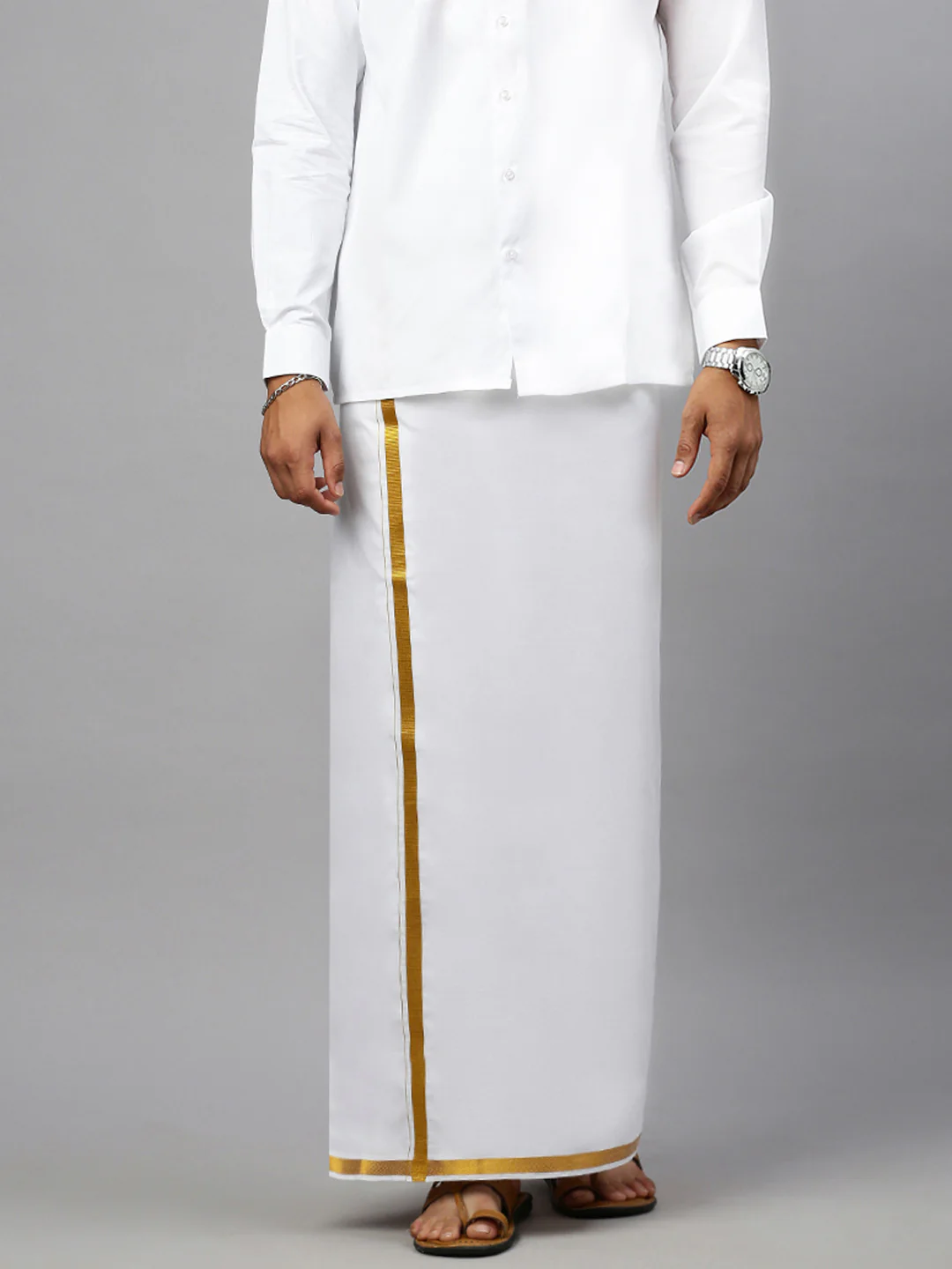 Men Wrinkle Free White Shirt with Gold Jari Border Dhoti & Towel Combo - Image 4