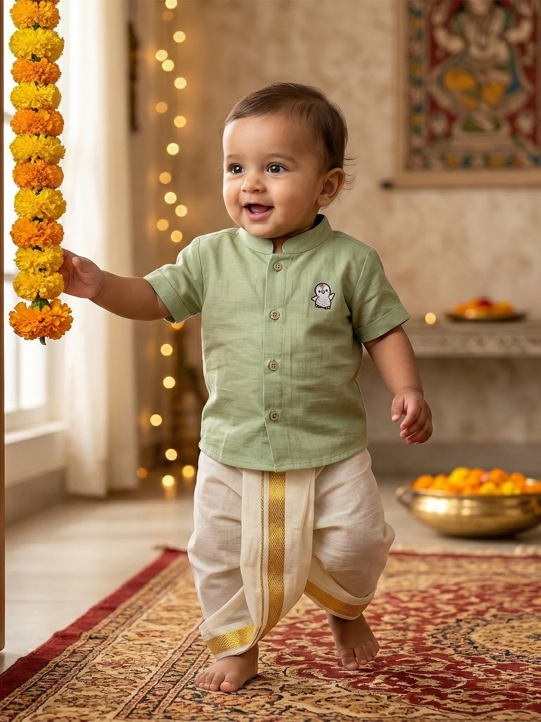 Born Baby Shirt with Pant and Panchakacham Set Pista Green G62 - Image 2