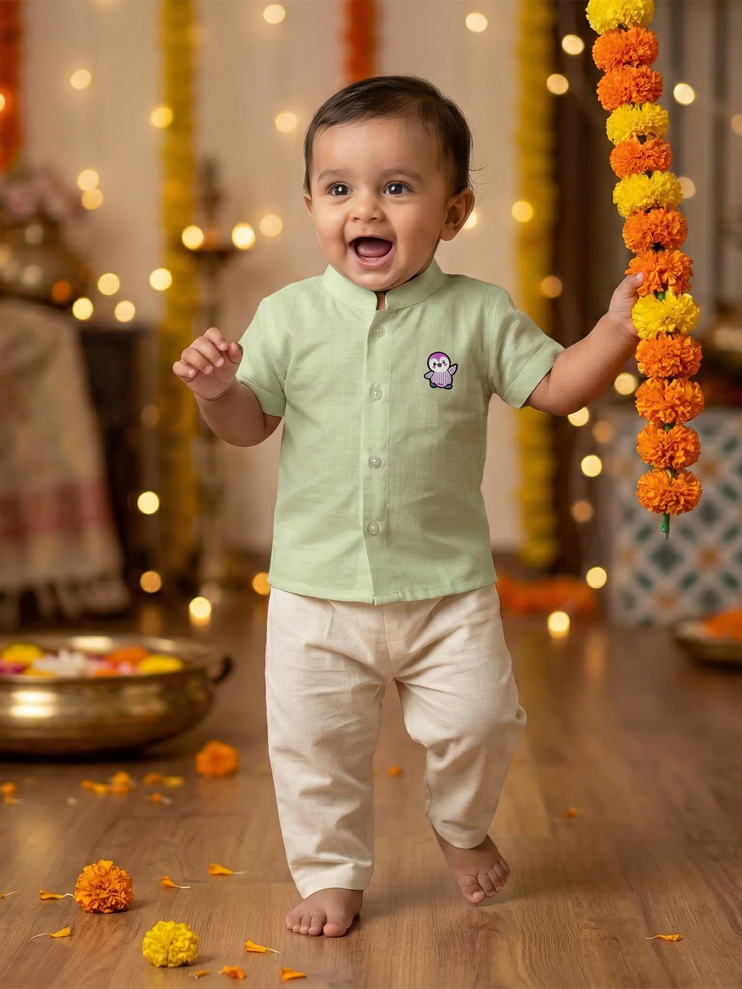 Born Baby Shirt with Pant and Panchakacham Set Pista Green G62 - Image 5