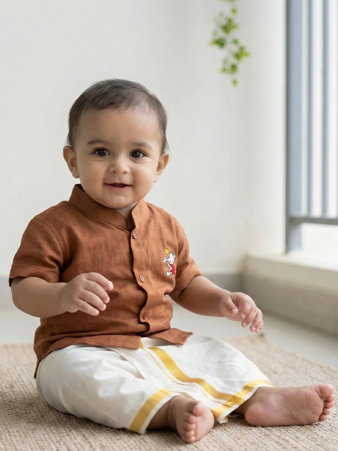 Born Baby Shirt Dhoti and Panchakacham Set Brown