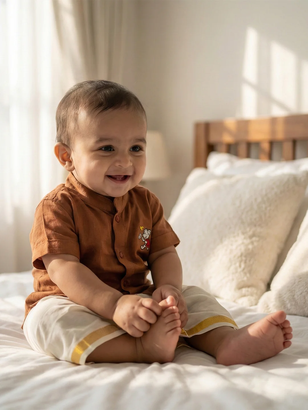 Born Baby Shirt Dhoti and Panchakacham Set Brown - Image 3