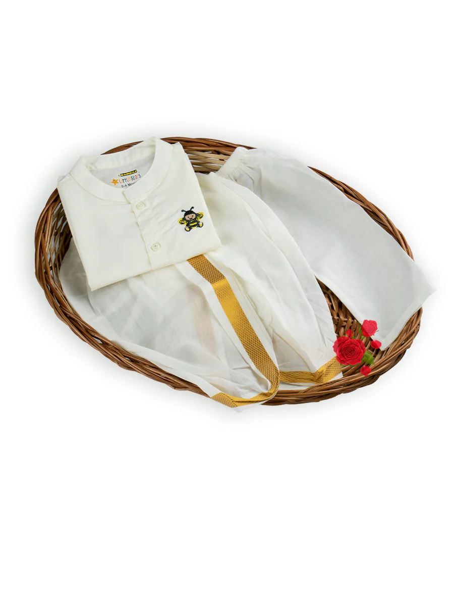Born Baby Soft Silk Shirt Pant and Panchakacham Set Cream - Image 2