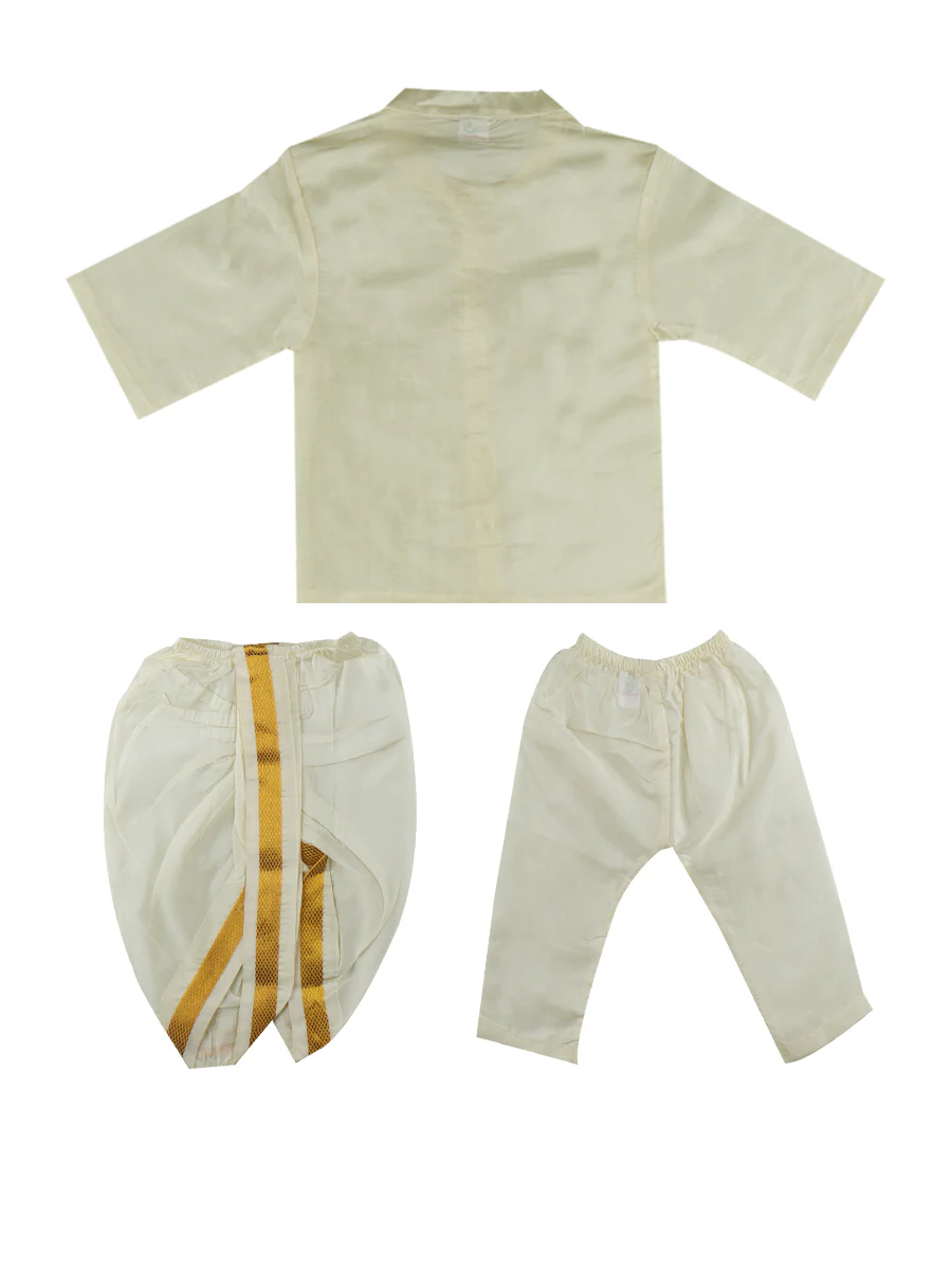 Born Baby Soft Silk Shirt Pant and Panchakacham Set Cream - Image 3
