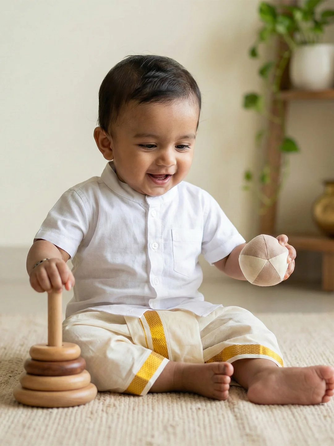 Born Baby Shirt with Pant and Panchakacham Set White - Image 3