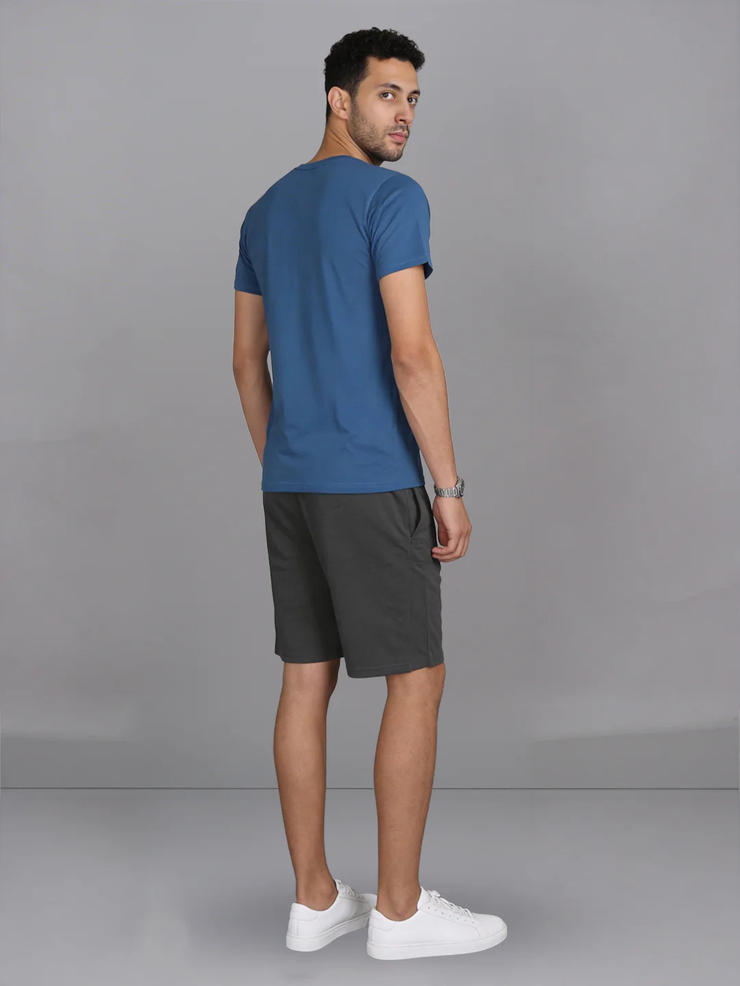 Petrol Blue Crew neck T-Shirt with Grey Shorts Combo ES5 - Image 3