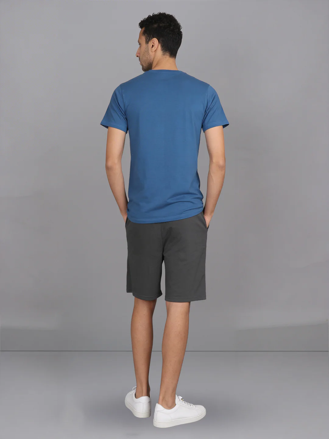 Petrol Blue Crew neck T-Shirt with Grey Shorts Combo ES5 - Image 4