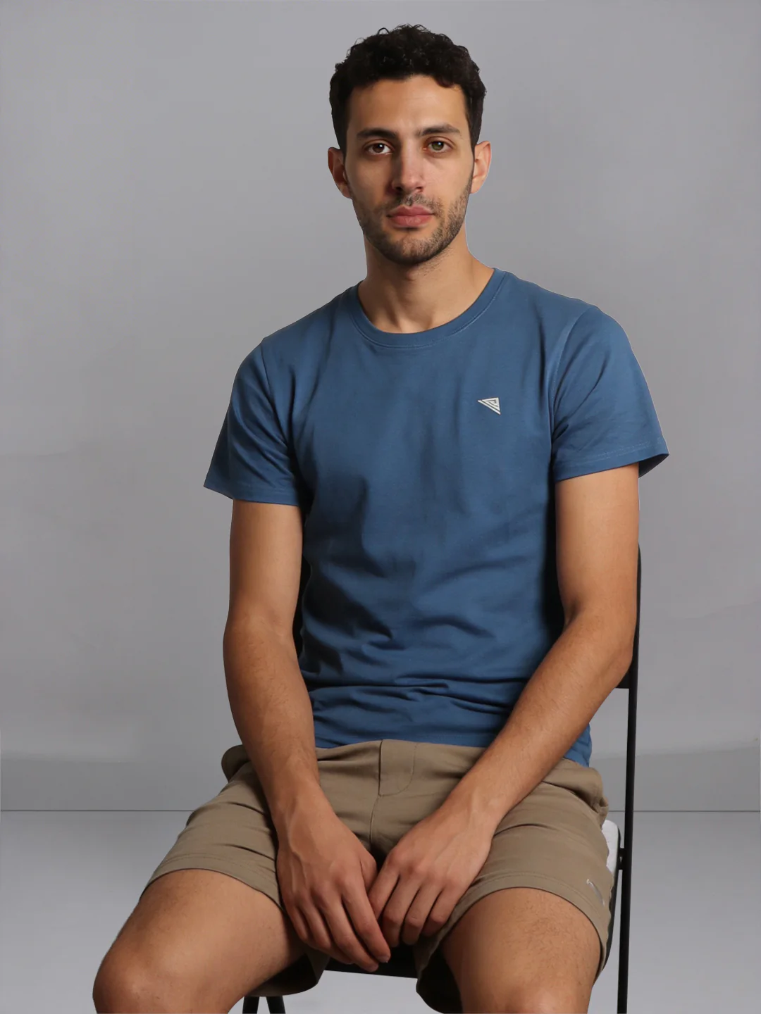 Petrol Blue Crew neck T-Shirt with Taupe Shorts Combo ES9 - Image 2