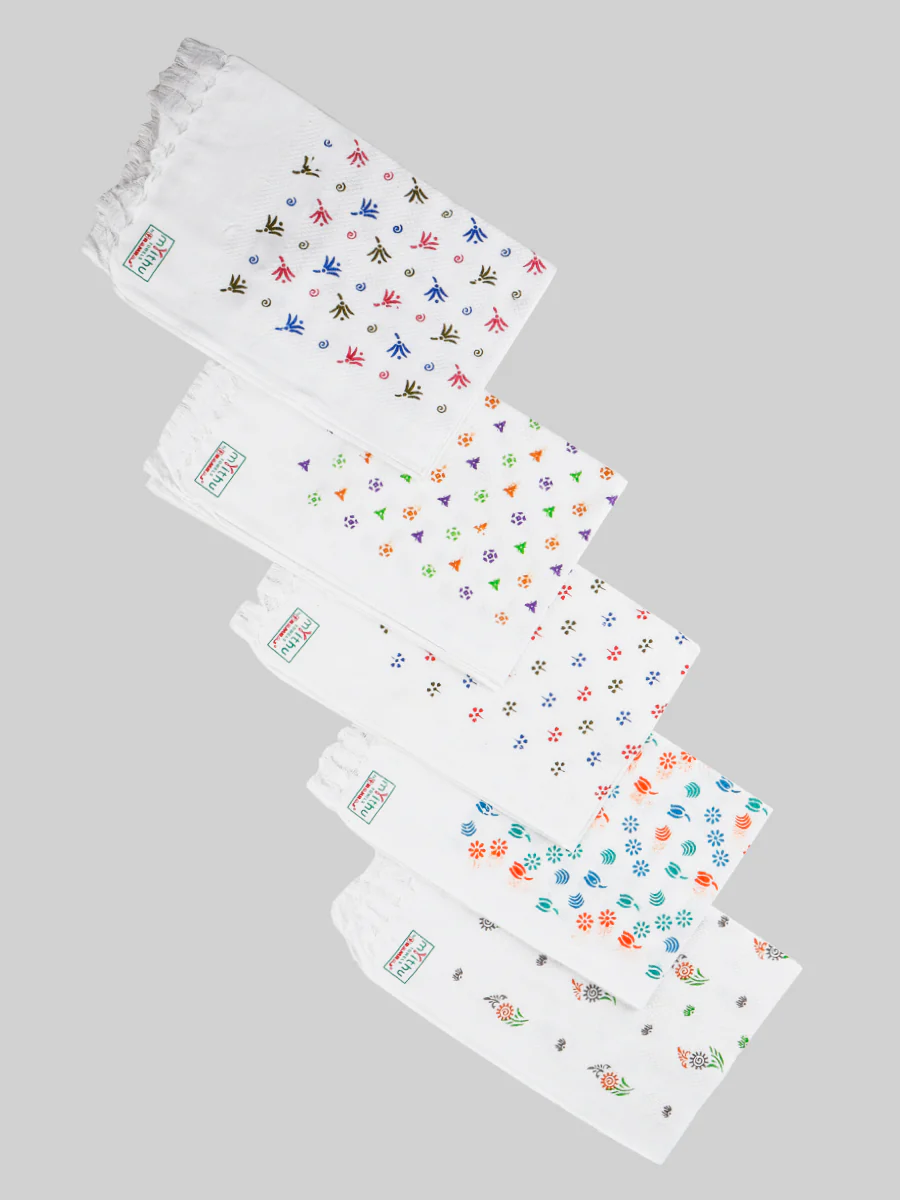 Premium Cotton White with Assorted Printed Napkin / Hand Towel (Pack of 6)