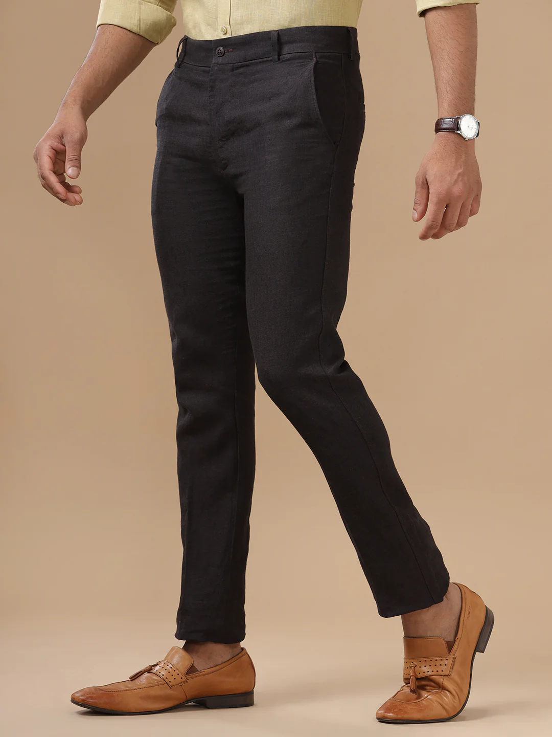 Premium Pure Linen Black Trim Fit Pants PL01 - Image 3