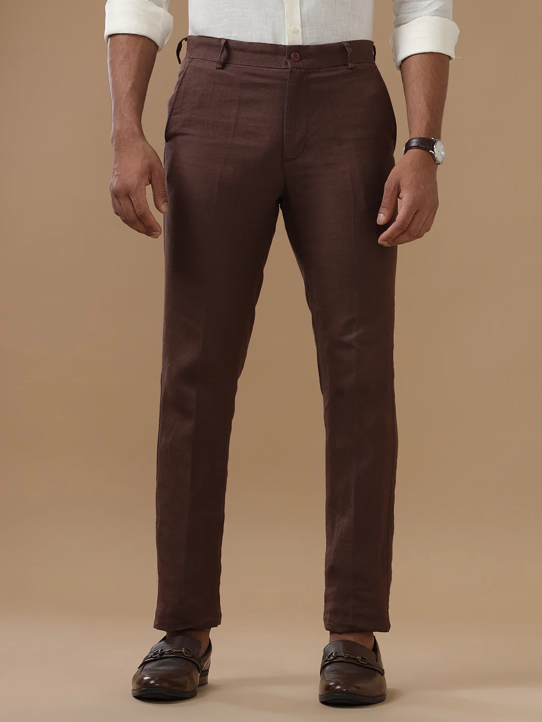 Premium Pure Linen Brown Trim Fit Pants PL11 - Image 3