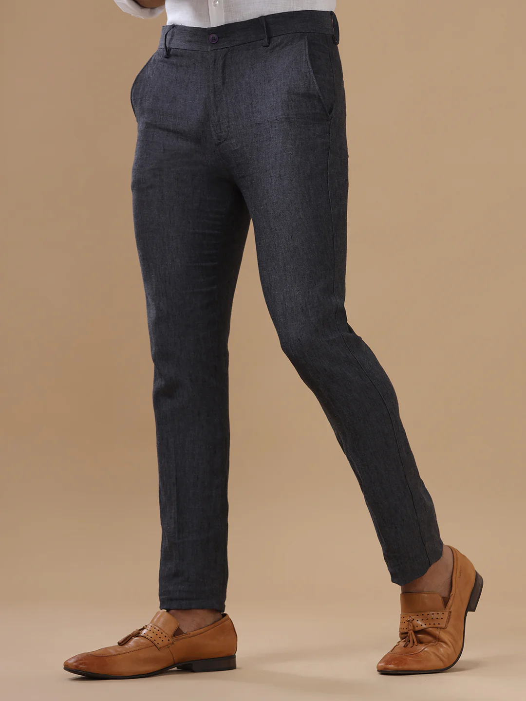 Premium Pure Linen Dark Grey Trim Fit Pants PL12 - Image 3
