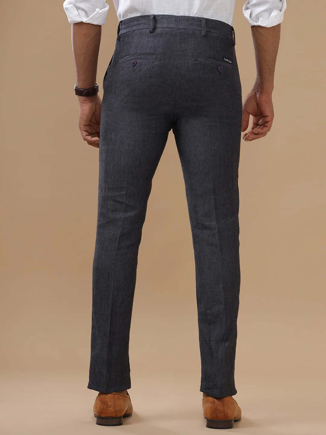 Premium Pure Linen Dark Grey Trim Fit Pants PL12 - Image 5
