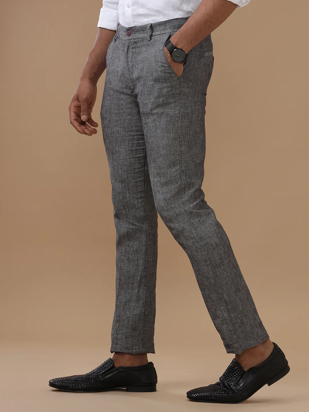 Premium Pure Linen Grey Trim Fit Pants PL02 - Image 3