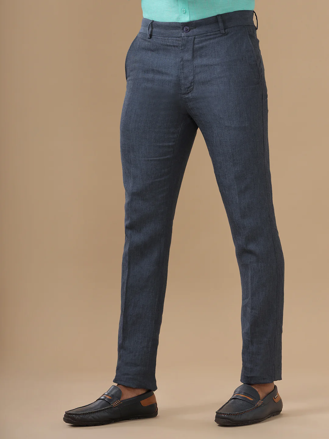 Premium Pure Linen Greyish Blue Trim Fit Pants PL08 - Image 3