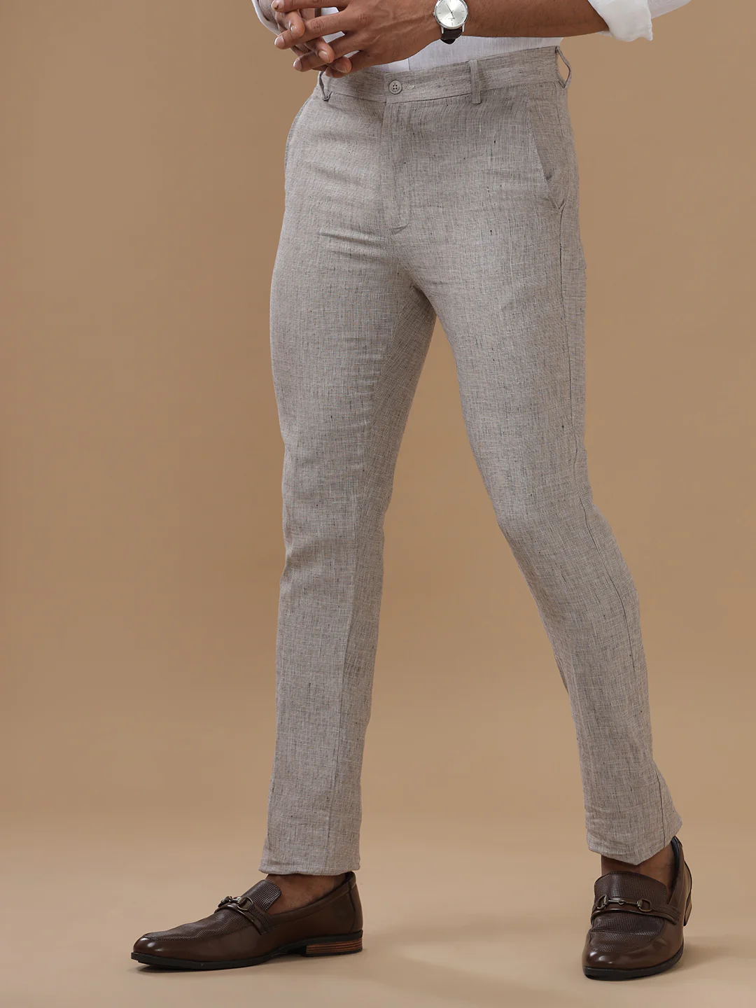 Premium Pure Linen Thistle Green Trim Fit Pants PL07 - Image 3