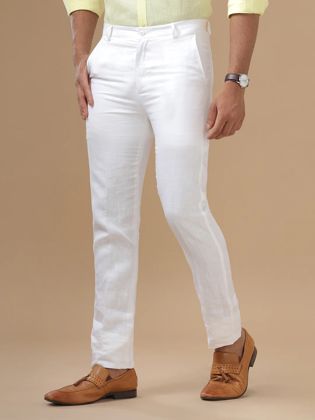 Premium Pure Linen White Trim Fit Pants WH01 - Image 3