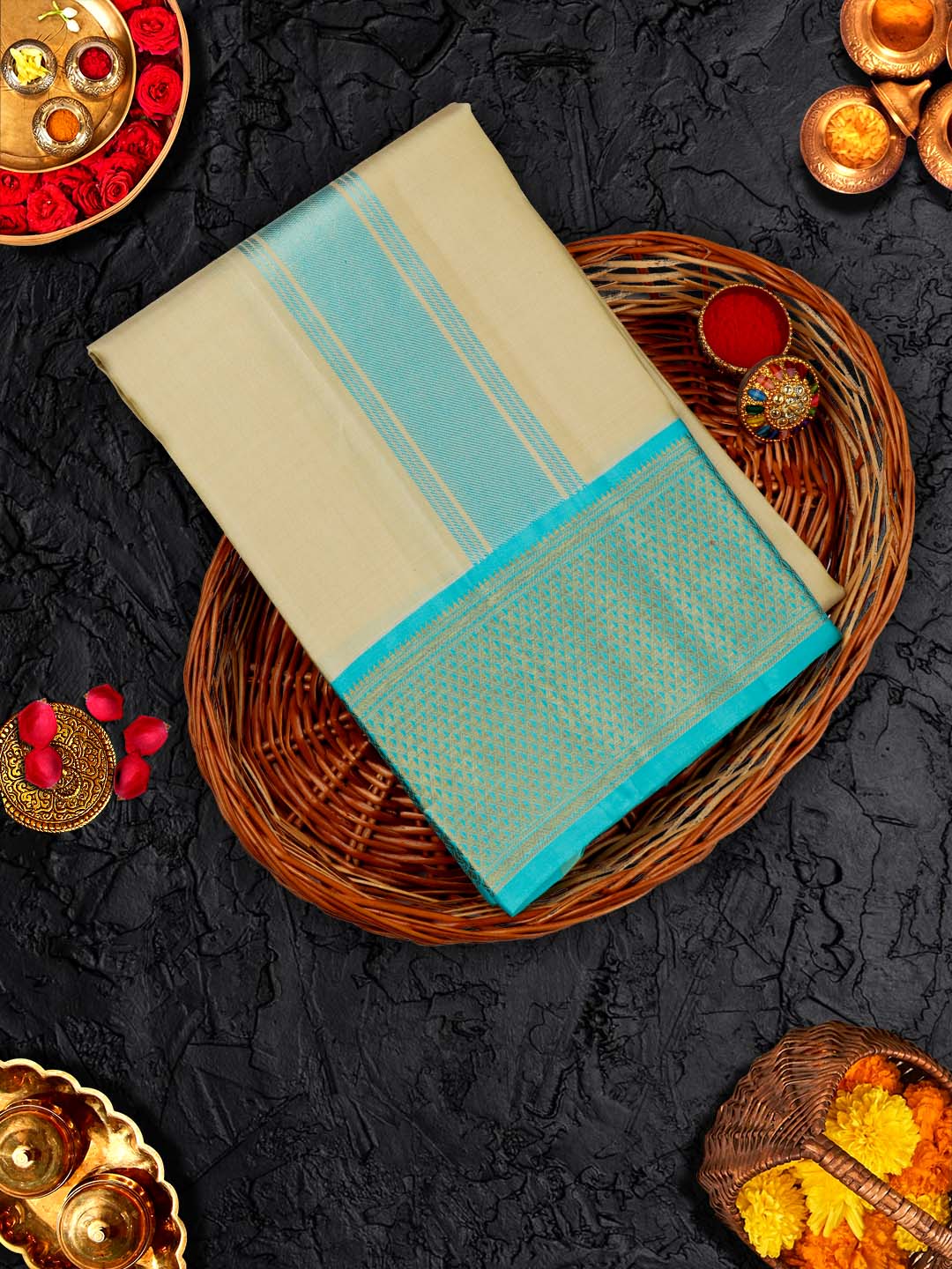 Premium Pure Silk Cream Dhoti and Towel Set with 4 1/2" inch Jari Fancy Border Agarshanaa - Image 3