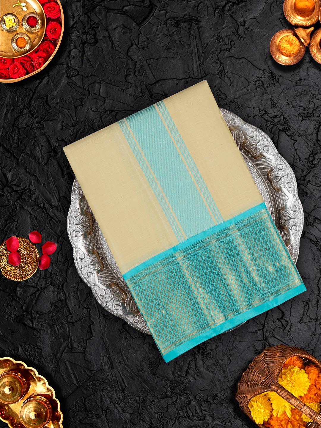 Premium Pure Silk Cream Dhoti and Towel Set with 4 1/2" inch Jari Fancy Border Agarshanaa - Image 4