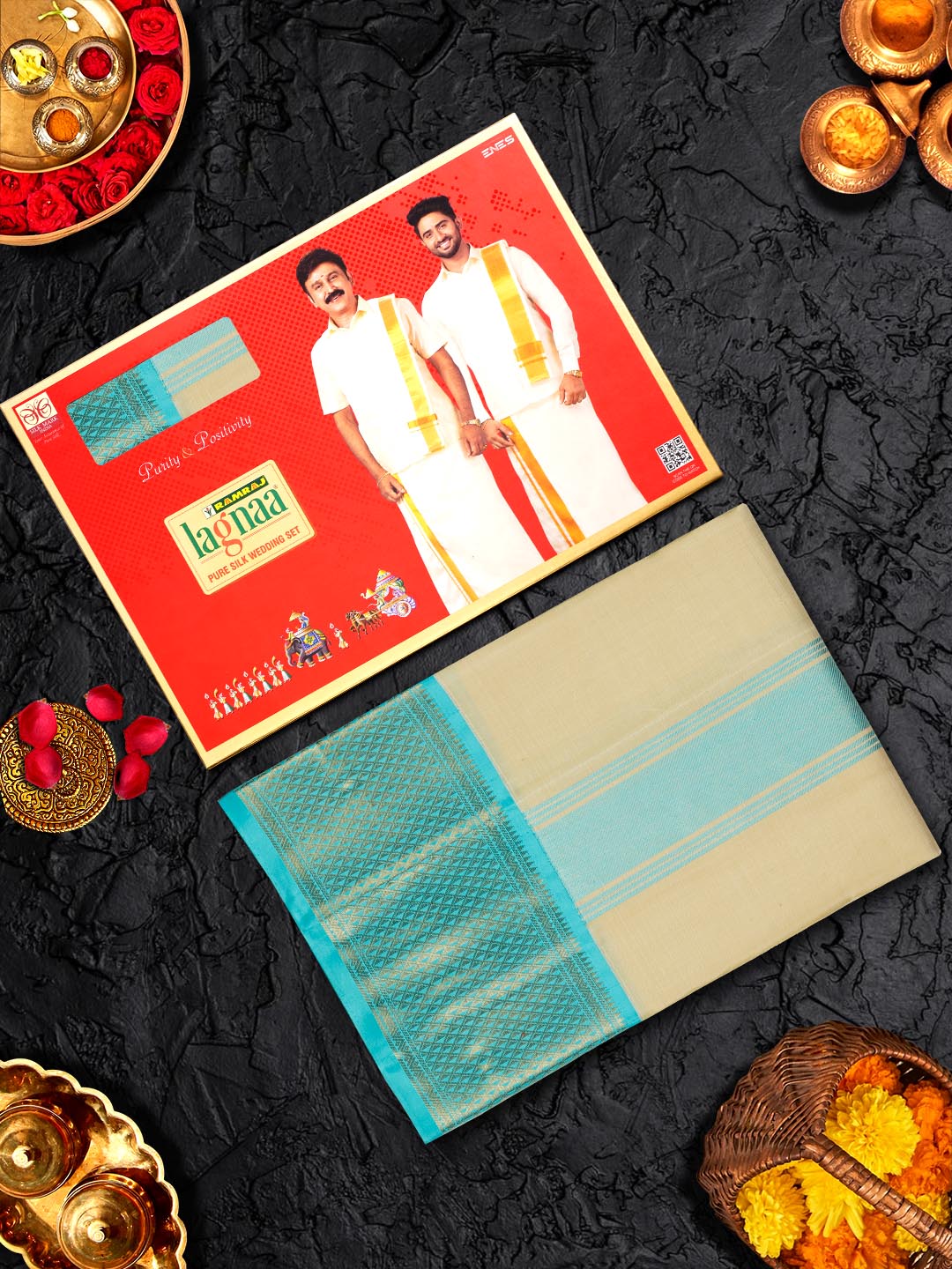 Premium Pure Silk Cream Dhoti and Towel Set with 4 1/2" inch Jari Fancy Border Agarshanaa - Image 5