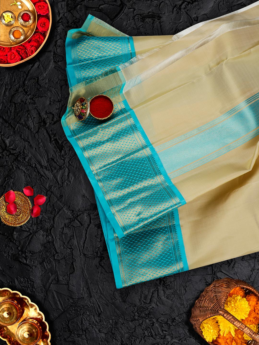Premium Pure Silk Cream Dhoti and Towel Set with 4 1/2" inch Jari Fancy Border Agarshanaa - Image 6