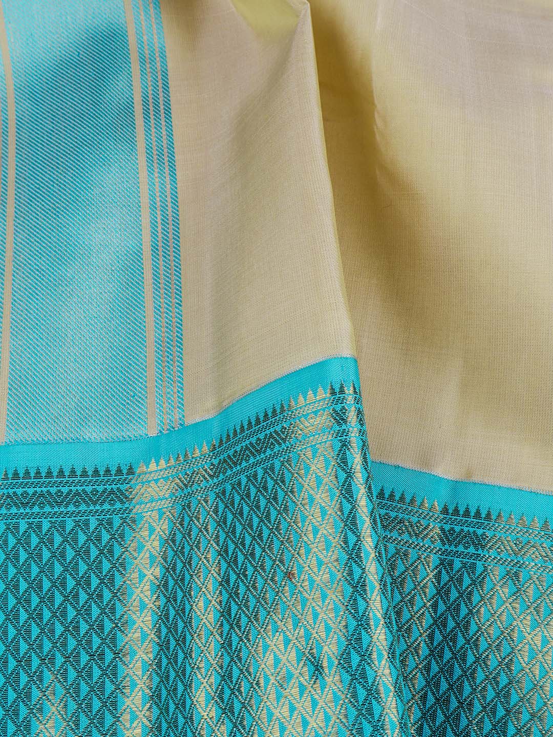 Premium Pure Silk Cream Dhoti and Towel Set with 4 1/2" inch Jari Fancy Border Agarshanaa - Image 7