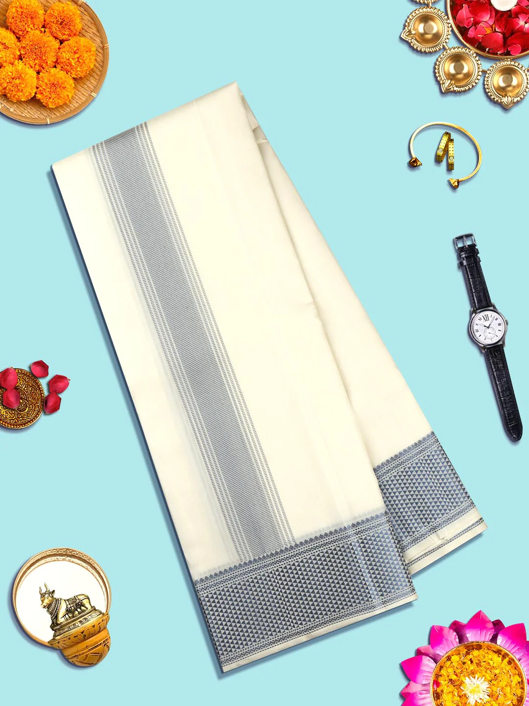 Premium Pure Silk Cream Dhoti with Angavastram "Amirtham" - Image 4