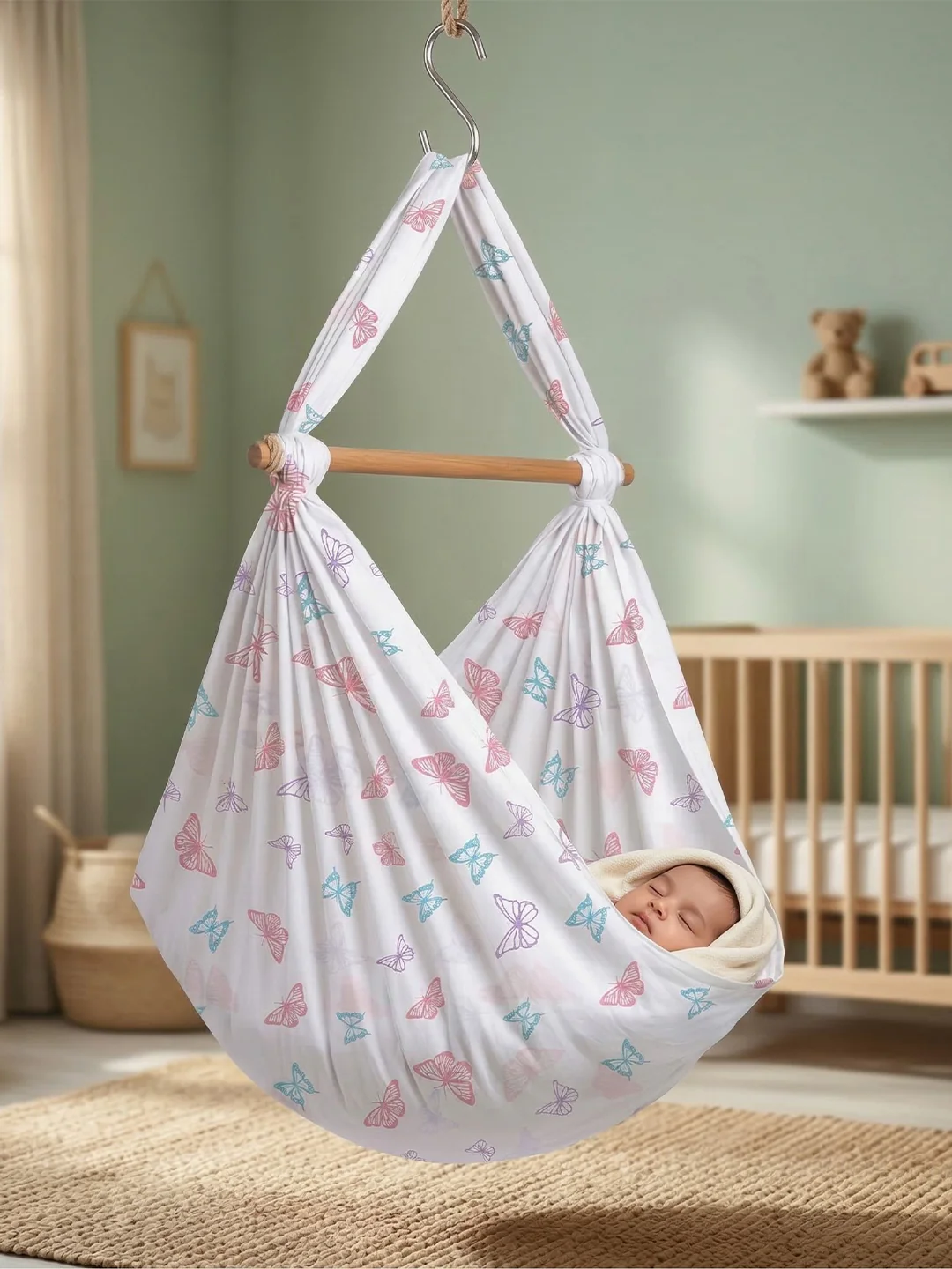 Premium Soft Cotton Baby Hammock Stitched White with Assorted Prints (Thottil/Jhula) - Image 2