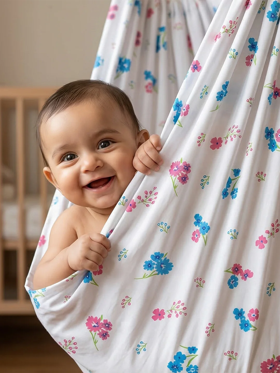 Premium Soft Cotton Baby Hammock Stitched White with Assorted Prints (Thottil/Jhula) - Image 3