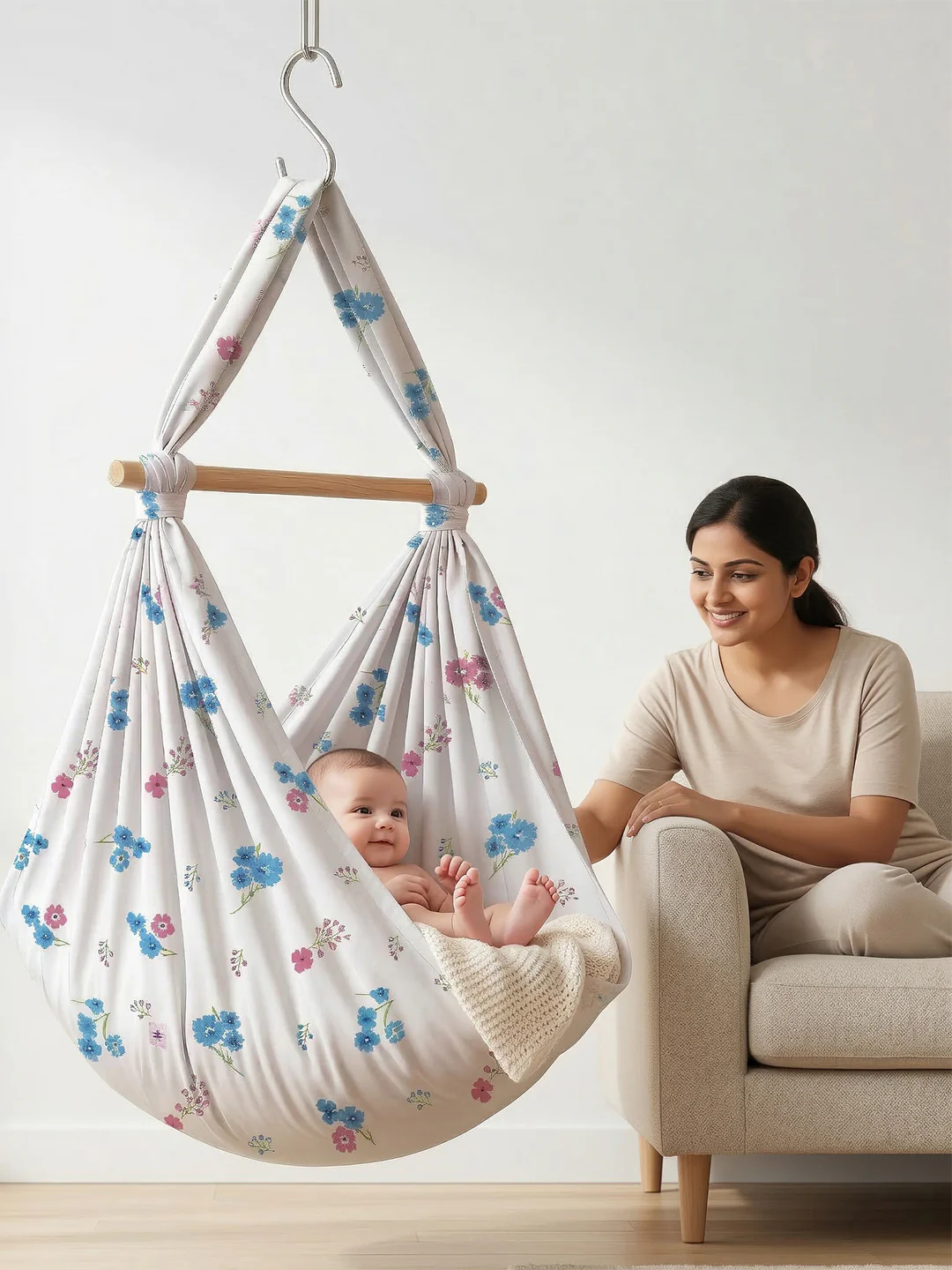 Premium Soft Cotton Baby Hammock Stitched White with Assorted Prints (Thottil/Jhula) - Image 4