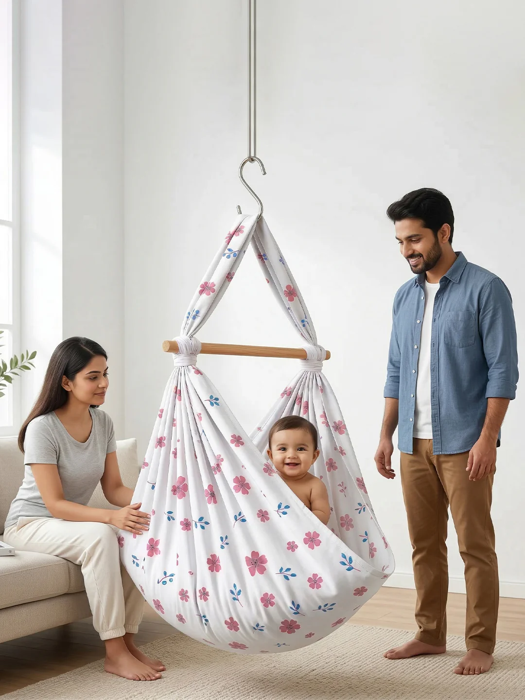 Premium Soft Cotton Baby Hammock Stitched White with Assorted Prints (Thottil/Jhula) - Image 8