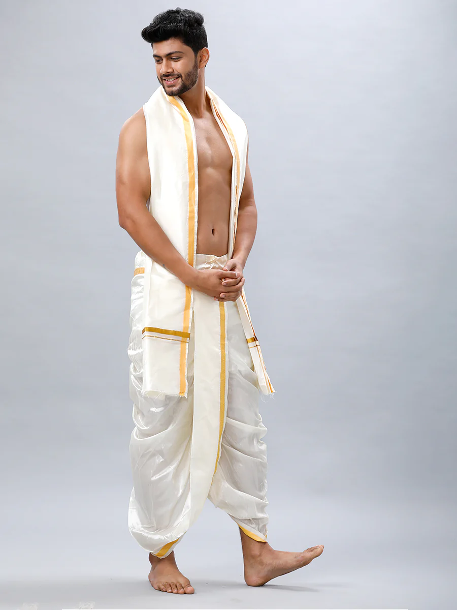 Premium Soft Silk Cream Readymade Panchakacham & Towel Set Pranav - Image 2