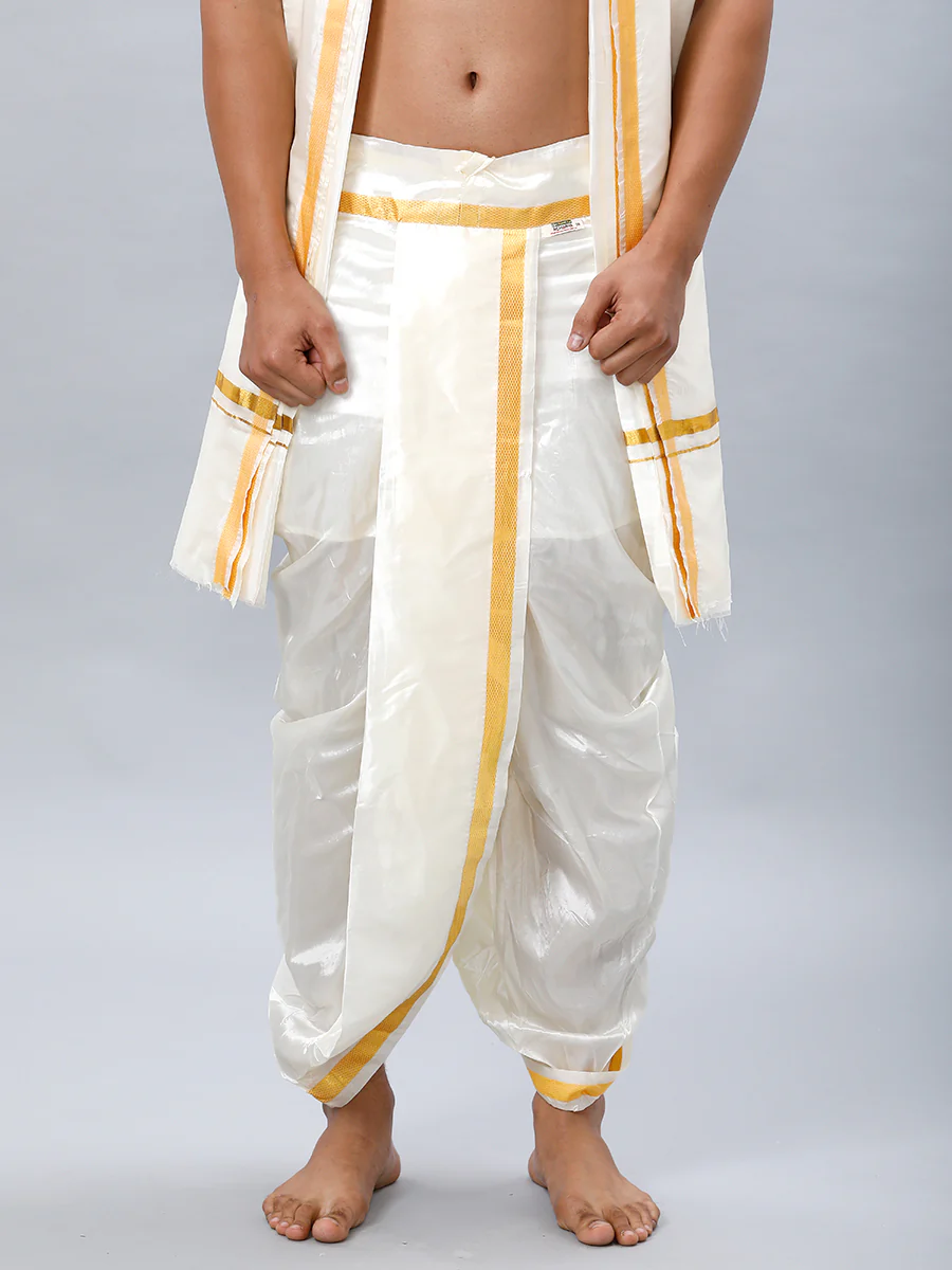 Premium Soft Silk Cream Readymade Panchakacham & Towel Set Pranav - Image 3