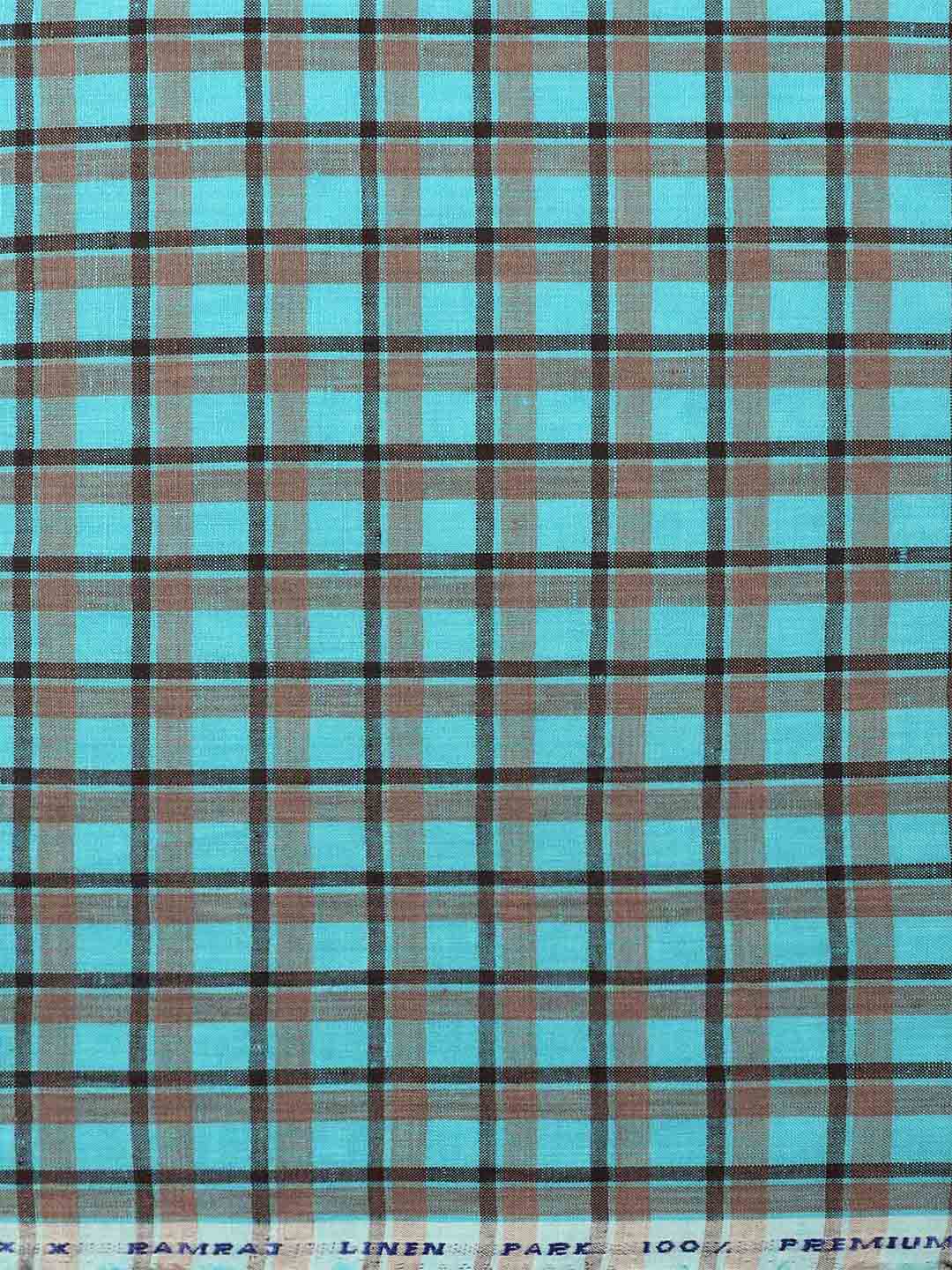 Pure Linen Checked Shirt Fabric Blue - Image 3