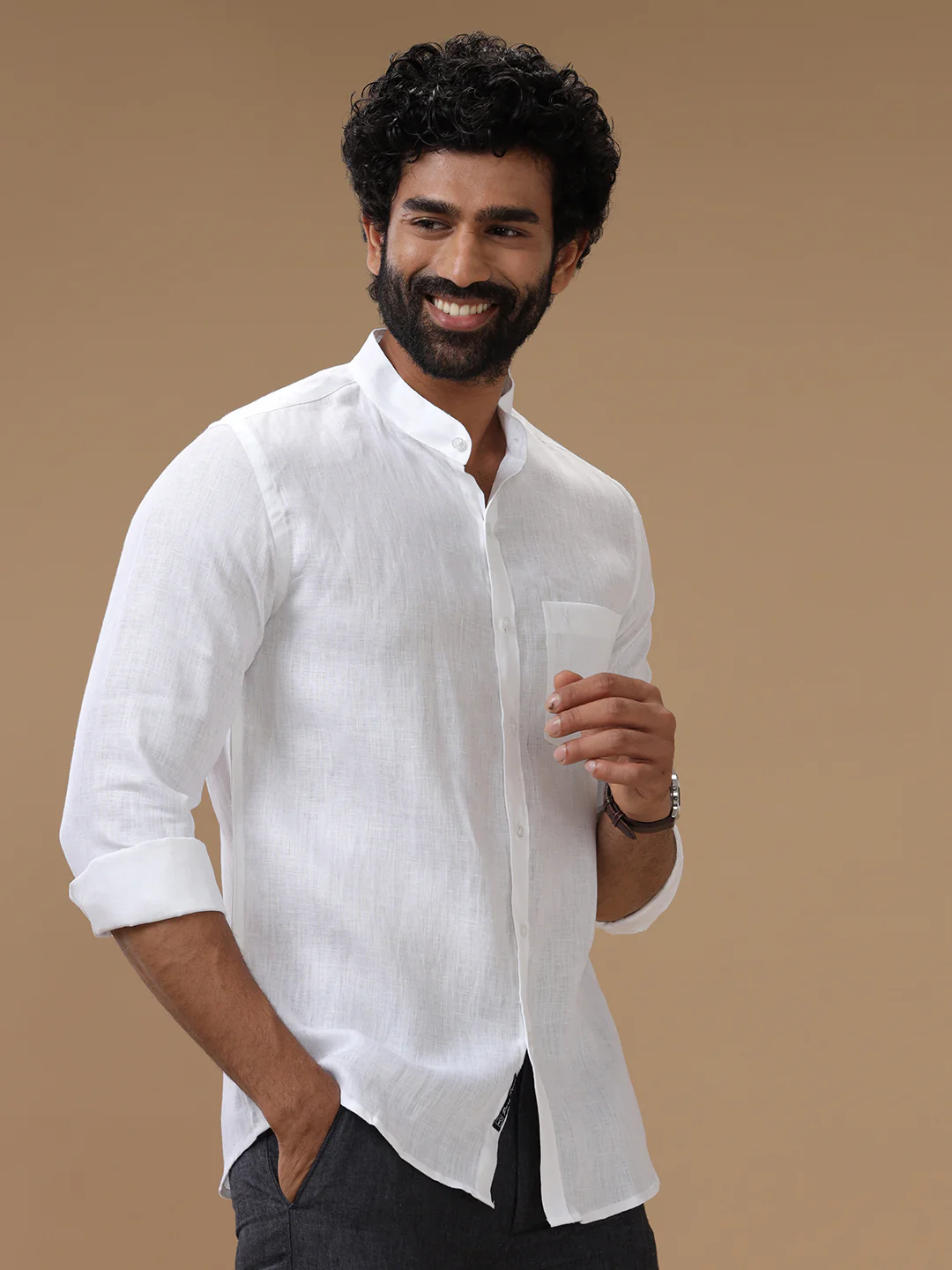 Pure Linen Chinese Collar White Shirt – Linen Park 5544 - Image 3
