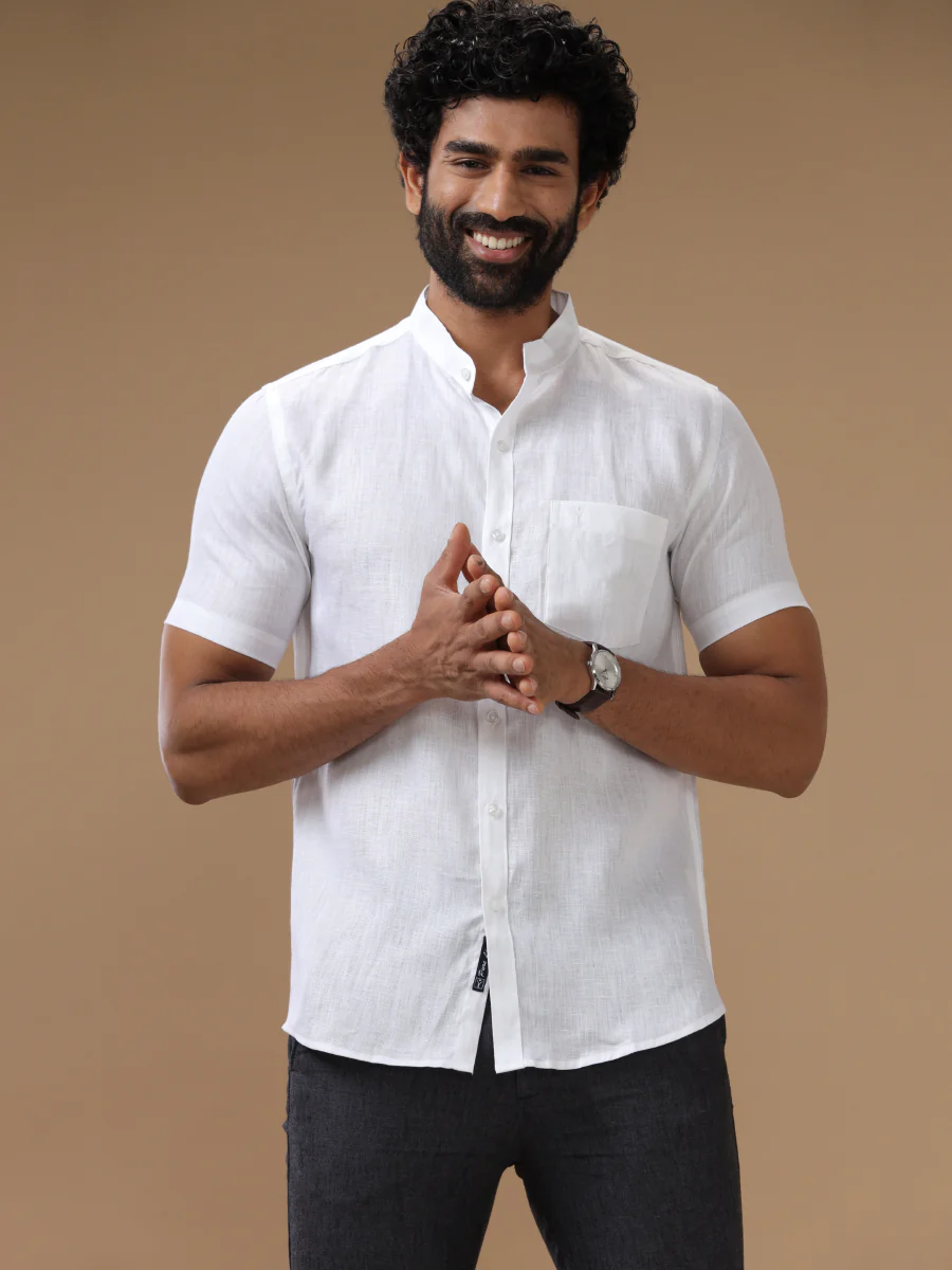 Pure Linen Chinese Collar White Shirt – Linen Park 5544 - Image 4