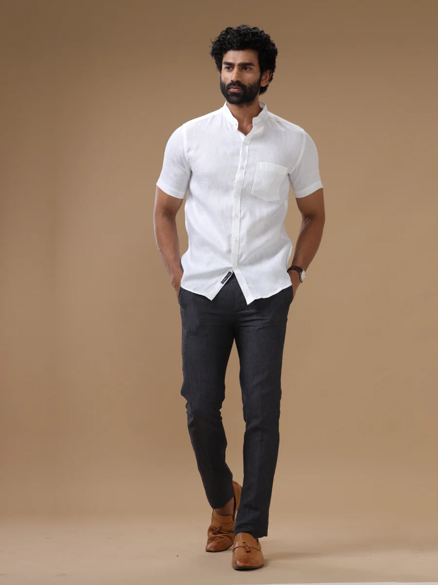 Pure Linen Chinese Collar White Shirt – Linen Park 5544 - Image 7