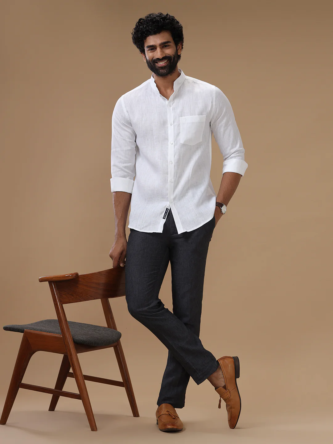 Pure Linen Chinese Collar White Shirt – Linen Park 5544 - Image 8
