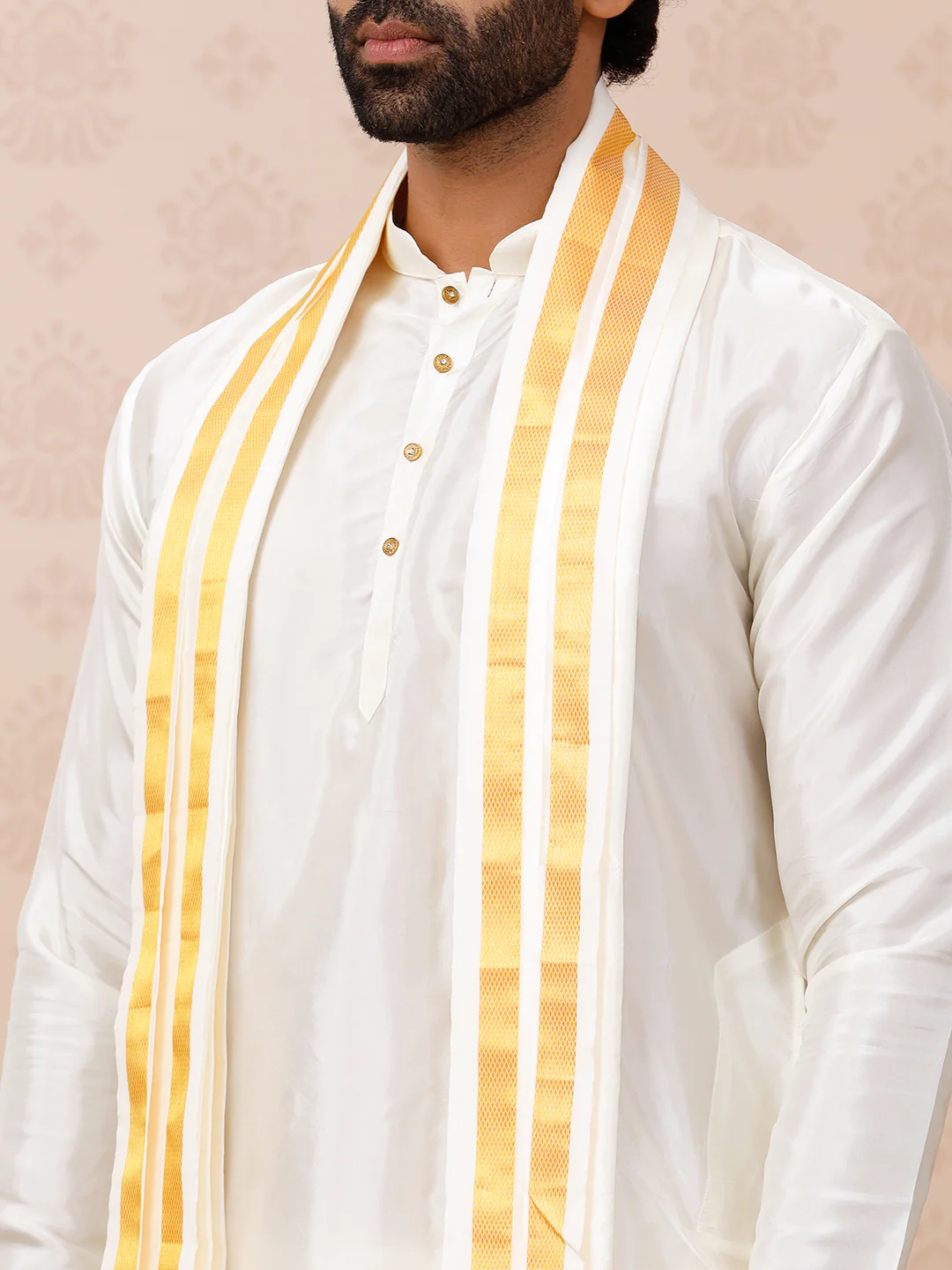Pure Silk Cream with 1" inch Jari Border ReadyMade Panchakacham & Towel Set - Image 2