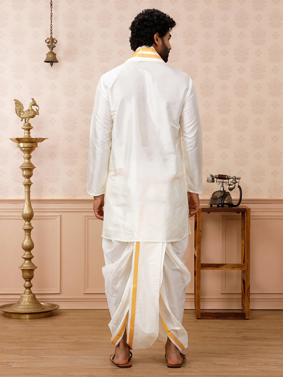 Pure Silk Cream with 1" inch Jari Border ReadyMade Panchakacham & Towel Set - Image 4