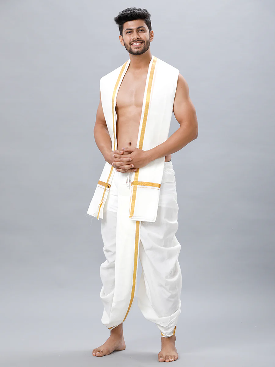 Readymade Cream Panchakacham & Angavastram with Gold Jari Border Aashan - Image 2